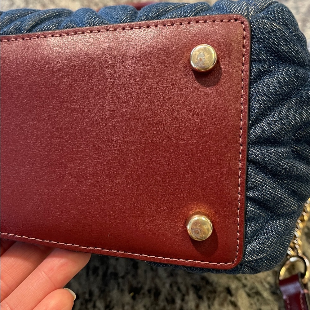Coach Quilted Navy Denim Satchel with Burgundy Leather Trim - Picture 10 of 15